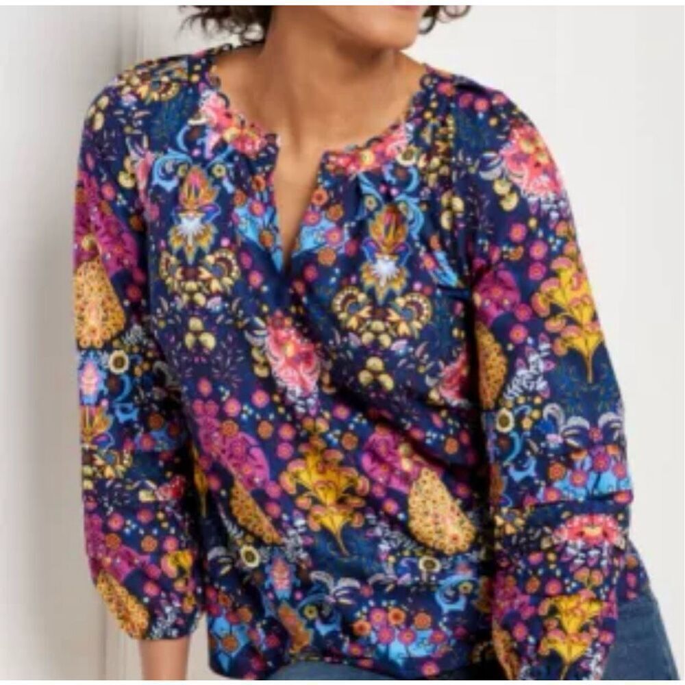 Talbots Navy and Pink Floral Blouse